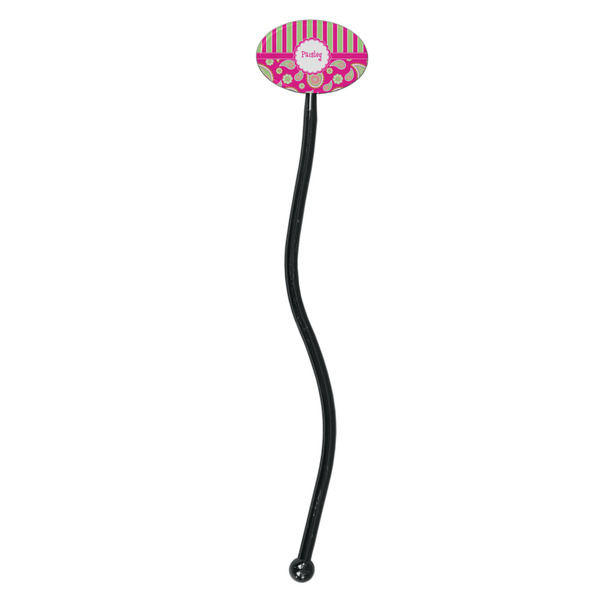 Pink & Green Paisley and Stripes Black Plastic 7" Stir Stick - Oval - Single Stick