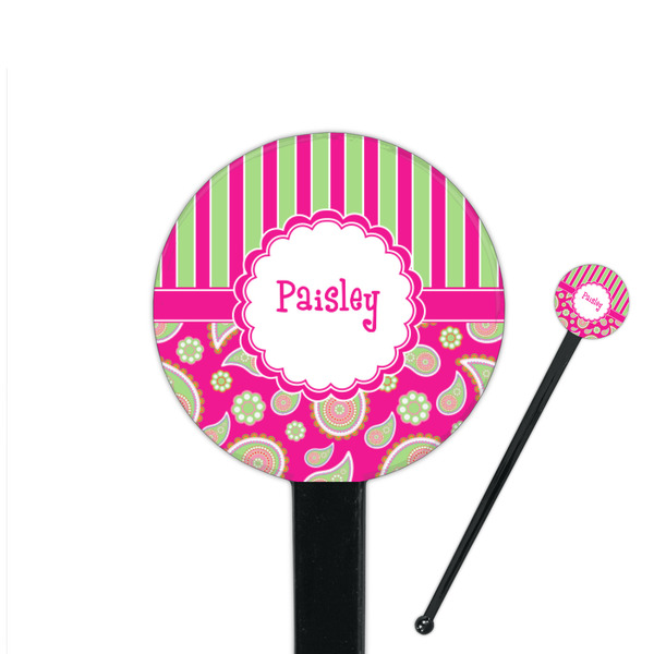 Custom Pink & Green Paisley and Stripes 7" Round Plastic Stir Sticks - Black - Single Sided (Personalized)