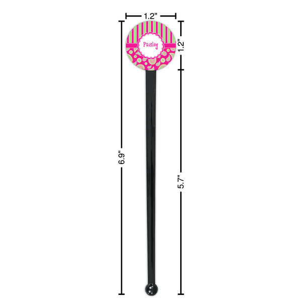 Pink & Green Paisley and Stripes Black Plastic 7" Stir Stick - Round - Dimensions