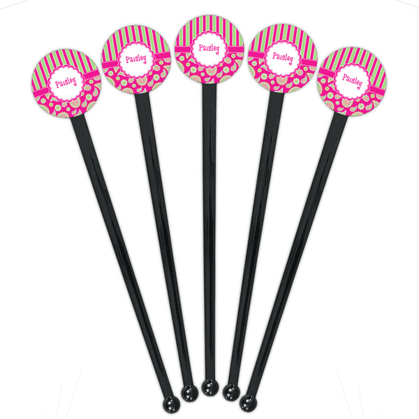 Pink & Green Paisley and Stripes Black Plastic 7" Stir Stick - Round - Fan View
