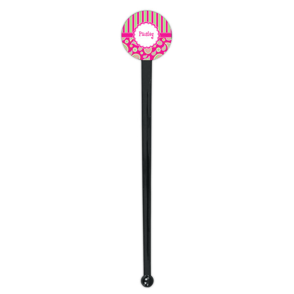 Pink & Green Paisley and Stripes Black Plastic 7" Stir Stick - Round - Single Stick