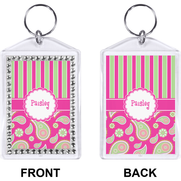 Pink & Green Paisley and Stripes Bling Keychain (Front + Back)