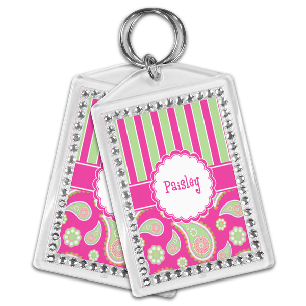 Pink & Green Paisley and Stripes Bling Keychain - MAIN
