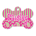 Pink & Green Paisley and Stripes Bone Shaped Dog ID Tag (Personalized)