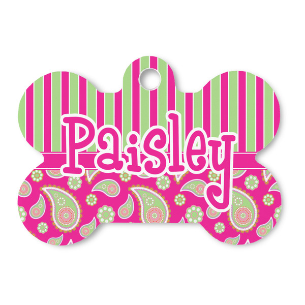 Custom Pink & Green Paisley and Stripes Bone Shaped Dog ID Tag (Personalized)
