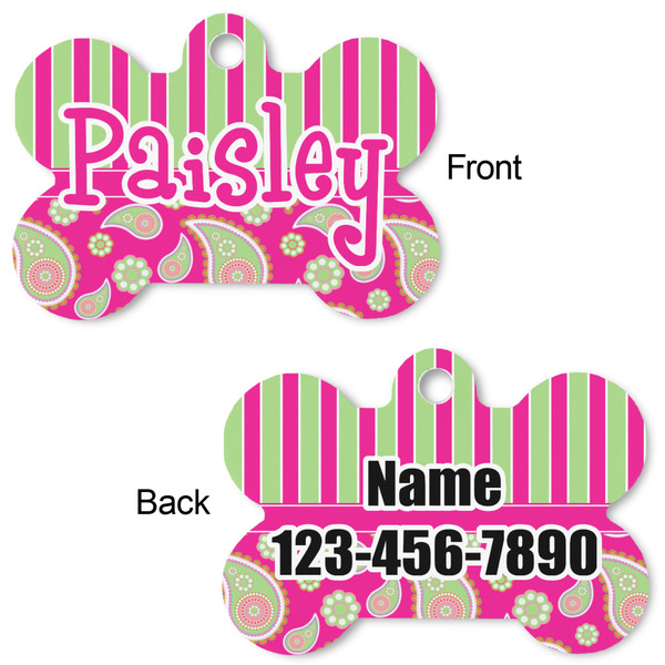Pink & Green Paisley and Stripes Bone Shaped Dog Tag - Front & Back