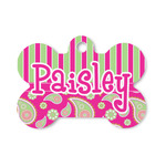 Pink & Green Paisley and Stripes Bone Shaped Dog ID Tag - Small (Personalized)