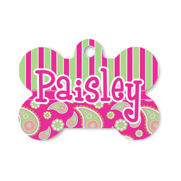 Custom Pink & Green Paisley and Stripes Bone Shaped Dog ID Tag - Small (Personalized)