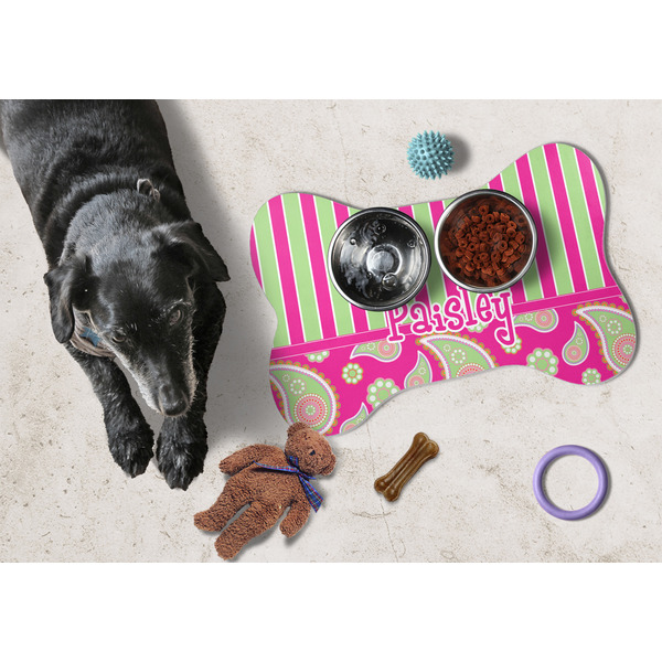 Pink & Green Paisley and Stripes Bone Shaped Mat w/ Food & Water