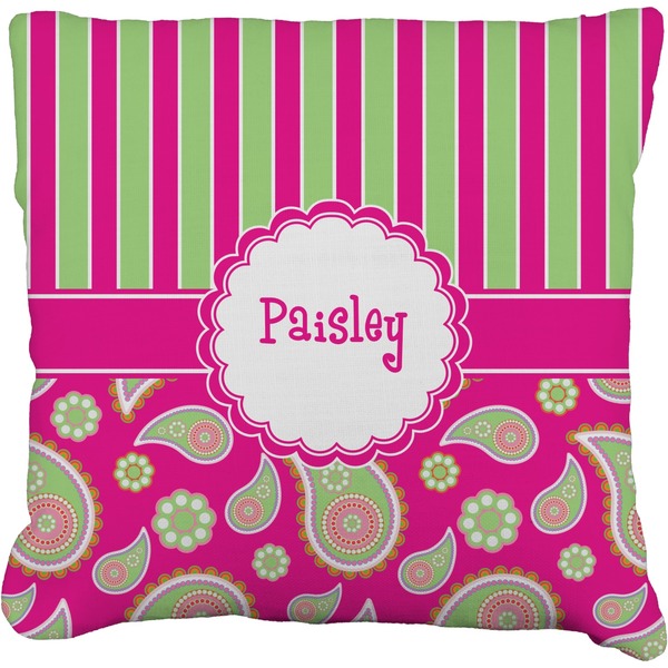 Custom Pink & Green Paisley and Stripes Faux-Linen Throw Pillow 16" (Personalized)