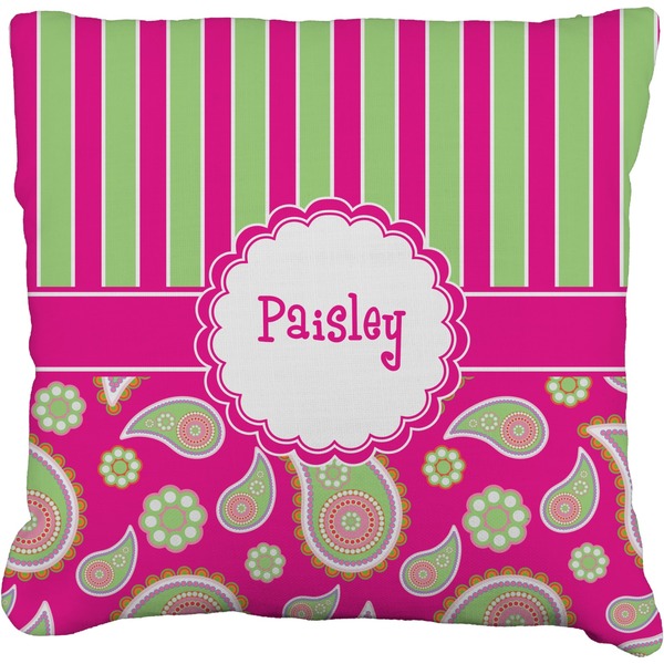 Custom Pink & Green Paisley and Stripes Faux-Linen Throw Pillow 18" (Personalized)