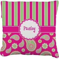 Pink & Green Paisley and Stripes Faux-Linen Throw Pillow 20" (Personalized)