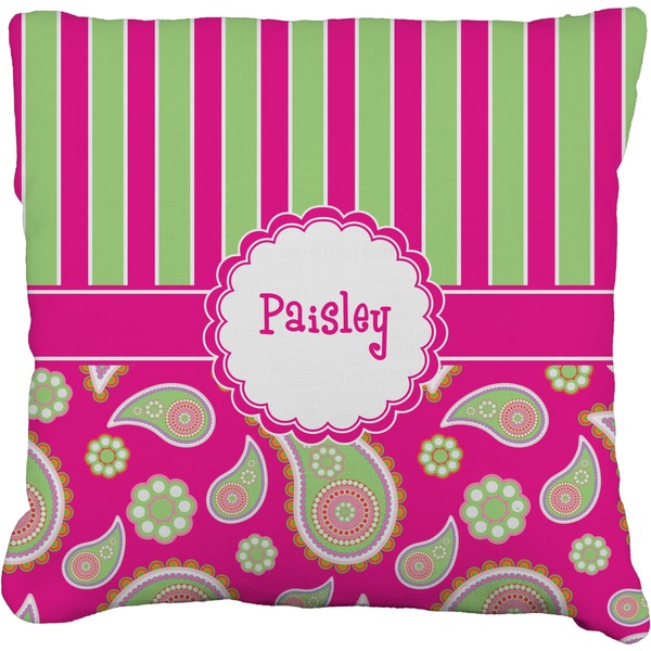 Custom Pink & Green Paisley and Stripes Faux-Linen Throw Pillow 20" (Personalized)