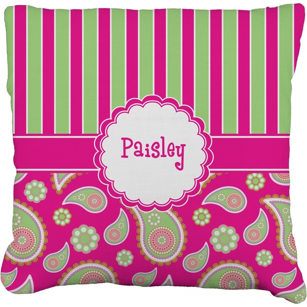 Custom Pink & Green Paisley and Stripes Faux-Linen Throw Pillow 26" (Personalized)
