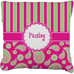 Pink & Green Paisley and Stripes Faux-Linen Throw Pillow (Personalized)