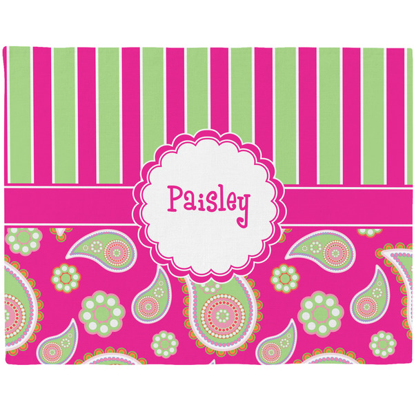 Custom Pink & Green Paisley and Stripes Woven Fabric Placemat - Twill w/ Name or Text