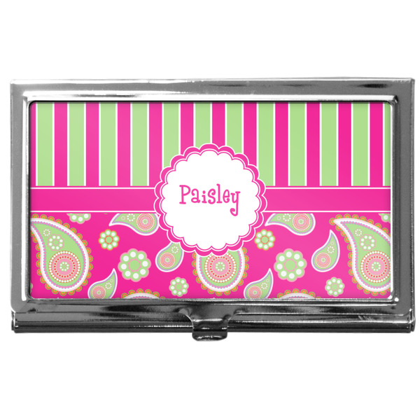 Custom Pink & Green Paisley and Stripes Business Card Case