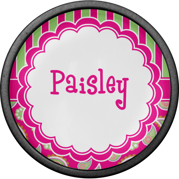 Pink & Green Paisley and Stripes Cabinet Knob - Black - Front