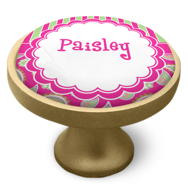 Pink & Green Paisley and Stripes Cabinet Knob - Gold - Side