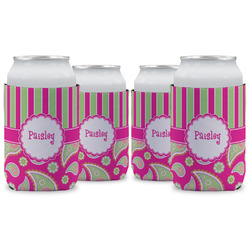 Pink & Green Paisley and Stripes Can Cooler (12 oz) - Set of 4 w/ Name or Text