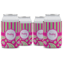 Pink & Green Paisley and Stripes Can Cooler (12 oz) - Set of 4 w/ Name or Text