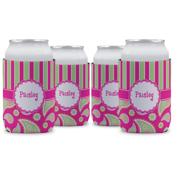 Custom Pink & Green Paisley and Stripes Can Cooler (12 oz) - Set of 4 w/ Name or Text