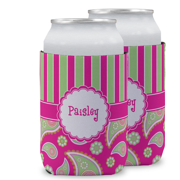 Custom Pink & Green Paisley and Stripes Can Cooler (12 oz) w/ Name or Text