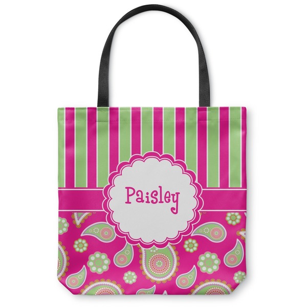 Custom Pink & Green Paisley and Stripes Canvas Tote Bag - Medium - 16"x16" (Personalized)