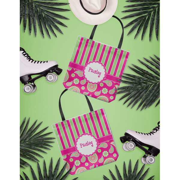 Pink & Green Paisley and Stripes Canvas Tote Lifestyle Front and Back- 13x13