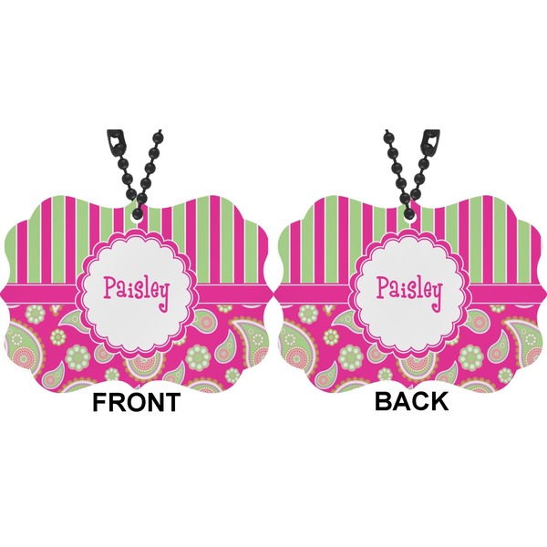 Pink & Green Paisley and Stripes Car Ornament (Approval)