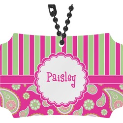 Pink & Green Paisley and Stripes Rear View Mirror Ornament (Personalized)
