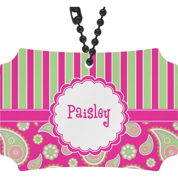 Custom Pink & Green Paisley and Stripes Rear View Mirror Ornament (Personalized)