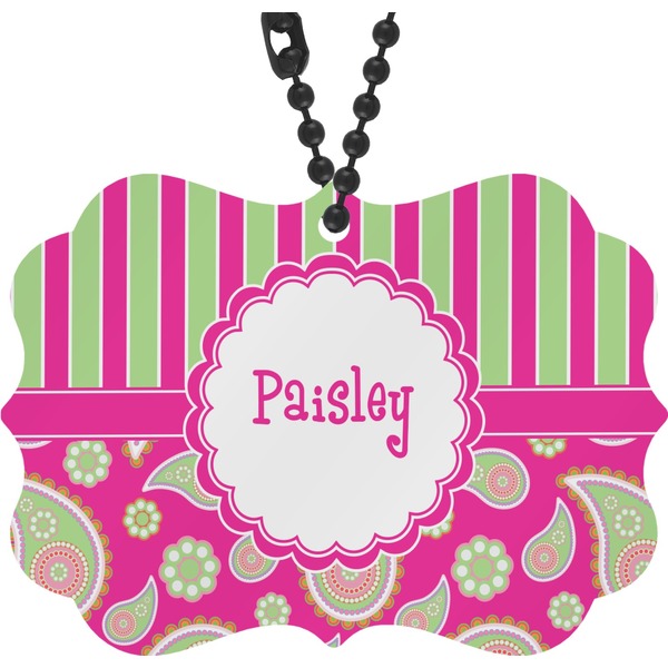 Custom Pink & Green Paisley and Stripes Rear View Mirror Decor (Personalized)