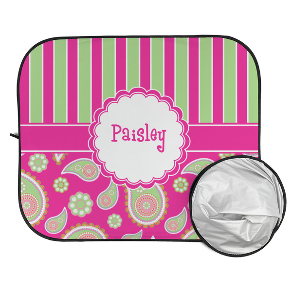 Pink & Green Paisley and Stripes Car Sun Shades - FOLDED & UNFOLDED