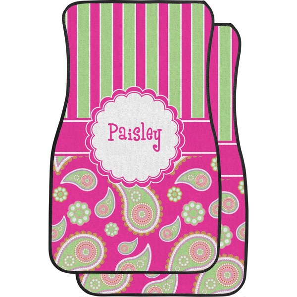 Custom Pink & Green Paisley and Stripes Car Floor Mats (Front Seat) (Personalized)