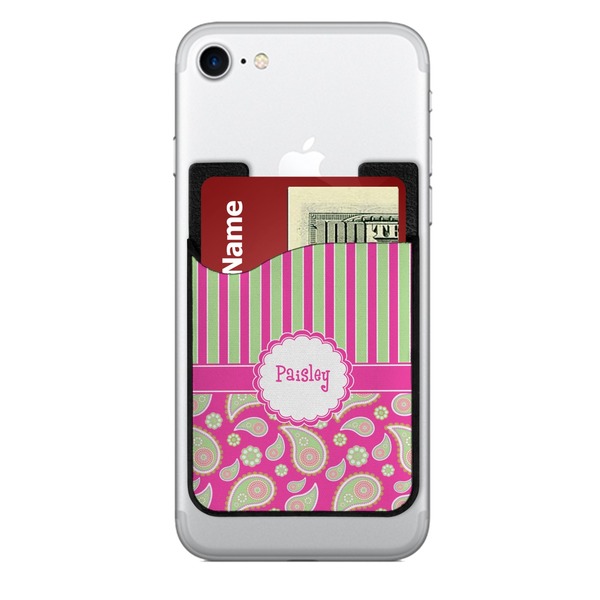 Custom Pink & Green Paisley and Stripes 2-in-1 Cell Phone Credit Card Holder & Screen Cleaner (Personalized)