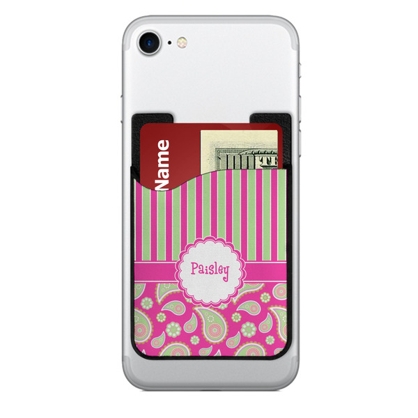 Custom Pink & Green Paisley and Stripes 2-in-1 Cell Phone Credit Card Holder & Screen Cleaner (Personalized)