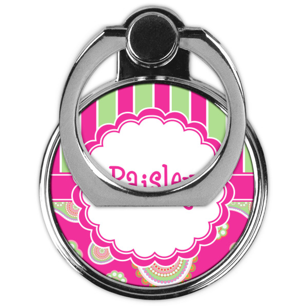 Pink & Green Paisley and Stripes Cell Phone Ring Stand & Holder - Front (Collapsed)