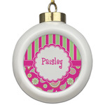 Pink & Green Paisley and Stripes Ceramic Ball Ornament (Personalized)