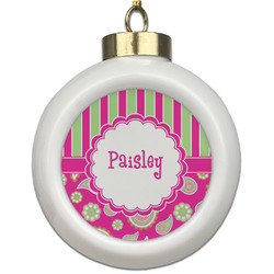 Pink & Green Paisley and Stripes Ceramic Ball Ornament (Personalized)