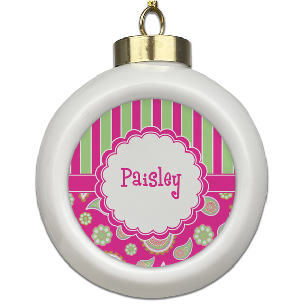 Custom Pink & Green Paisley and Stripes Ceramic Ball Ornament (Personalized)