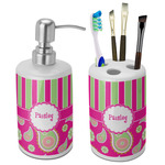 Pink & Green Paisley and Stripes Ceramic Bathroom Accessories Set (Personalized)