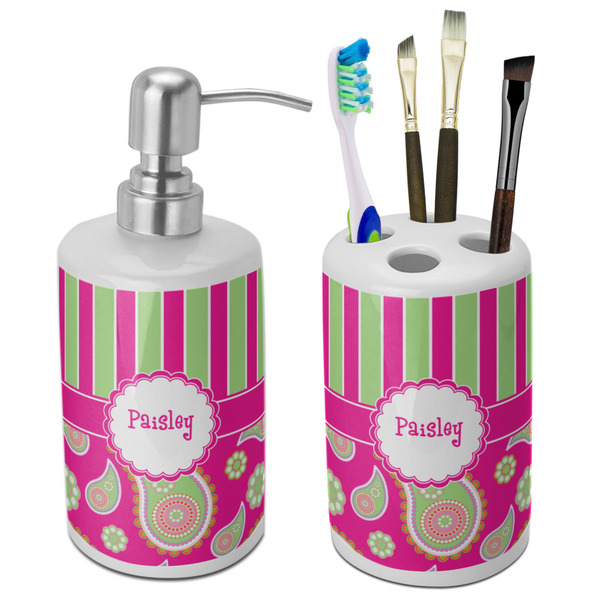 Custom Pink & Green Paisley and Stripes Ceramic Bathroom Accessories Set (Personalized)