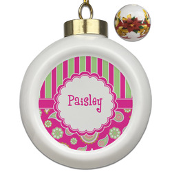 Pink & Green Paisley and Stripes Ceramic Ball Ornaments - Poinsettia Garland (Personalized)