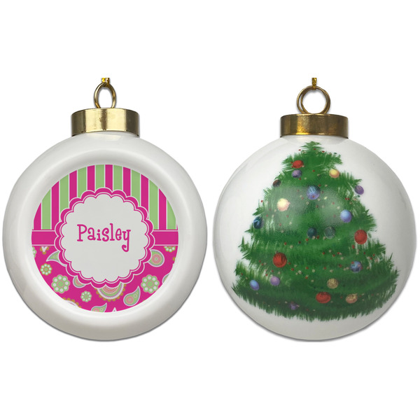 Pink & Green Paisley and Stripes Ceramic Christmas Ornament - X-Mas Tree (APPROVAL)