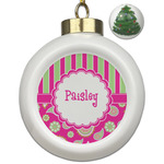 Pink & Green Paisley and Stripes Ceramic Ball Ornament - Christmas Tree (Personalized)