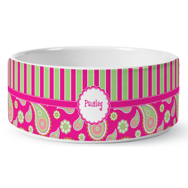 Pink & Green Paisley and Stripes Ceramic Dog Bowl - Medium - Front