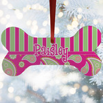 Pink & Green Paisley and Stripes Ceramic Dog Ornament w/ Name or Text