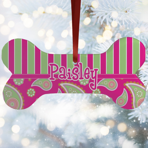 Custom Pink & Green Paisley and Stripes Ceramic Dog Ornament w/ Name or Text