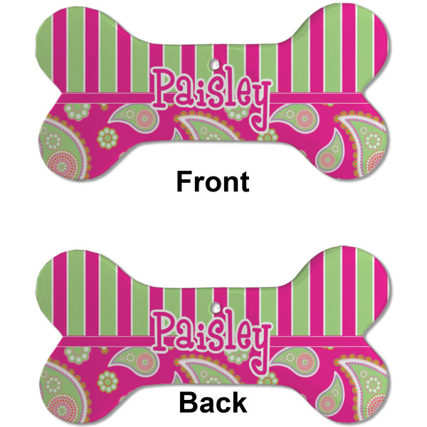 Pink & Green Paisley and Stripes Ceramic Flat Ornament - Bone Front & Back (APPROVAL)